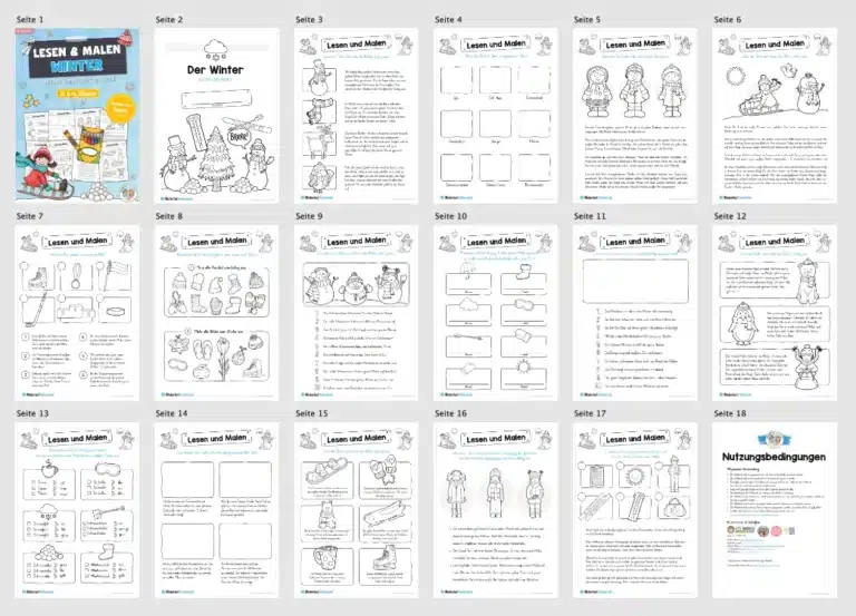 15 Arbeitsblätter zum Lesen & Malen im Winter (Überblick)