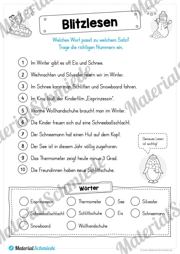 10 Leseübungen zum Winter (Blitzlesen)