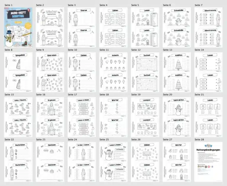 Mini-Heft: Winter – 1. Klasse (25 Arbeitsblätter) – Überblick