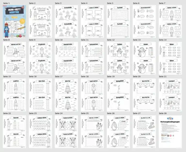 Mini-Heft: Winter – 2. Klasse (25 Arbeitsblätter) – Überblick Mini-Heft: Winter – 2. Klasse (25 Arbeitsblätter) – Überblick