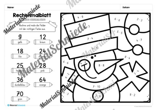 8 Rechenmalblätter Winter: Kleines Einmaleins (Arbeitsblatt 01)