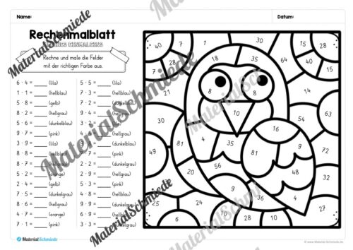 8 Rechenmalblätter Winter: Kleines Einmaleins (Arbeitsblatt 06)