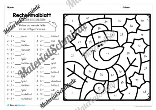 8 Rechenmalblätter Winter: Kleines Einmaleins (Arbeitsblatt 07)