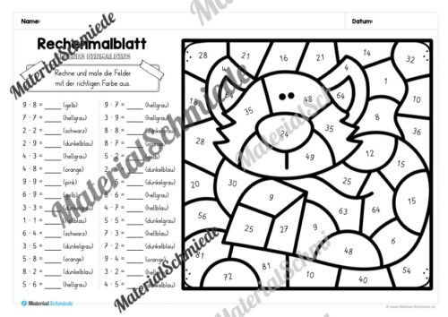 8 Rechenmalblätter Winter: Kleines Einmaleins (Arbeitsblatt 08)