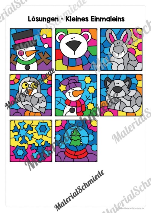 8 Rechenmalblätter Winter: Kleines Einmaleins (Lösungen)