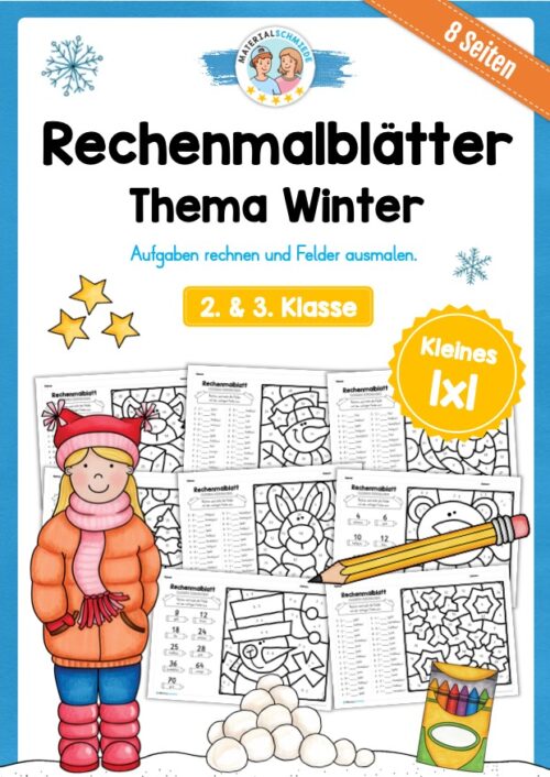8 Rechenmalblätter Winter: Kleines Einmaleins