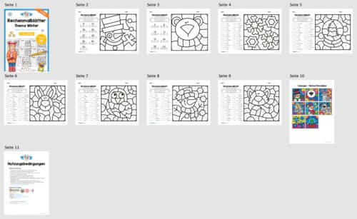 8 Rechenmalblätter Winter: Kleines Einmaleins (Überblick)