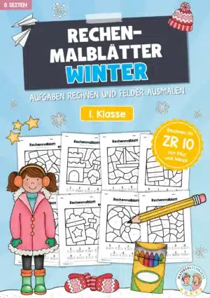8 Rechenmalblätter Winter: Zahlenraum 10