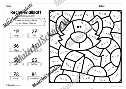 8 Rechenmalblätter Winter: Zahlenraum 100 (Arbeitsblatt 01)