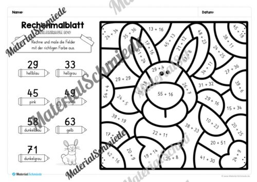 8 Rechenmalblätter Winter: Zahlenraum 100 (Arbeitsblatt 02)