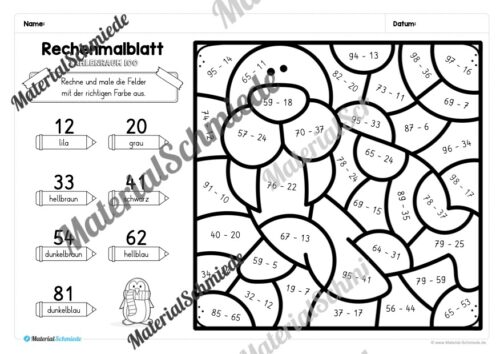 8 Rechenmalblätter Winter: Zahlenraum 100 (Arbeitsblatt 03)