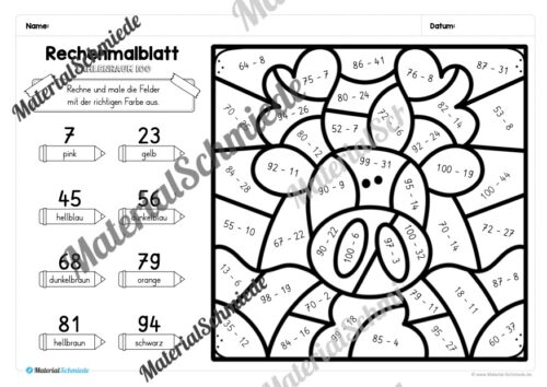 8 Rechenmalblätter Winter: Zahlenraum 100 (Arbeitsblatt 04)