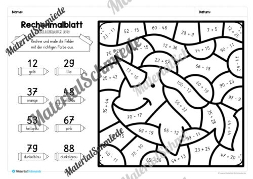 8 Rechenmalblätter Winter: Zahlenraum 100 (Arbeitsblatt 05)
