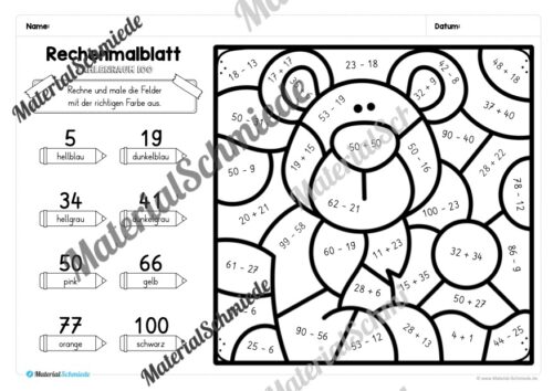 8 Rechenmalblätter Winter: Zahlenraum 100 (Arbeitsblatt 06)