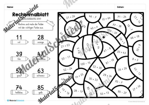 8 Rechenmalblätter Winter: Zahlenraum 100 (Arbeitsblatt 07)