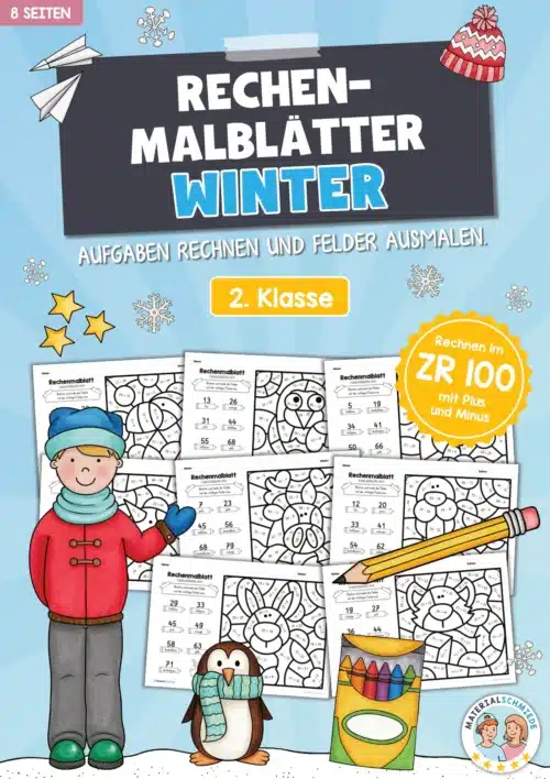 8 Rechenmalblätter Winter: Zahlenraum 100