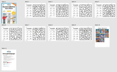 8 Rechenmalblätter Winter: Zahlenraum 100 (Überblick)