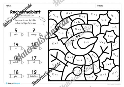 8 Rechenmalblätter Winter: Zahlenraum 20 (Arbeitsblatt 01)