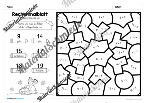 8 Rechenmalblätter Winter: Zahlenraum 20 (Arbeitsblatt 02)