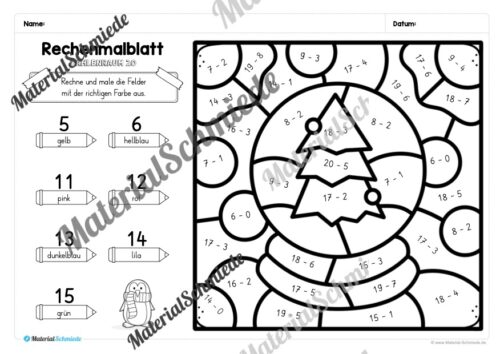 8 Rechenmalblätter Winter: Zahlenraum 20 (Arbeitsblatt 03)