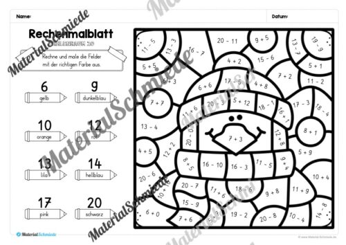 8 Rechenmalblätter Winter: Zahlenraum 20 (Arbeitsblatt 05)
