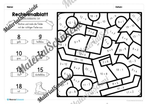 8 Rechenmalblätter Winter: Zahlenraum 20 (Arbeitsblatt 06)