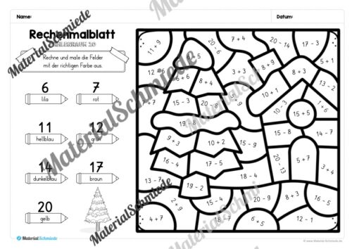 8 Rechenmalblätter Winter: Zahlenraum 20 (Arbeitsblatt 07)