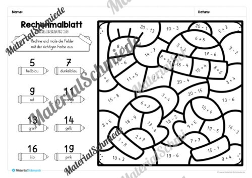 8 Rechenmalblätter Winter: Zahlenraum 20 (Arbeitsblatt 08)