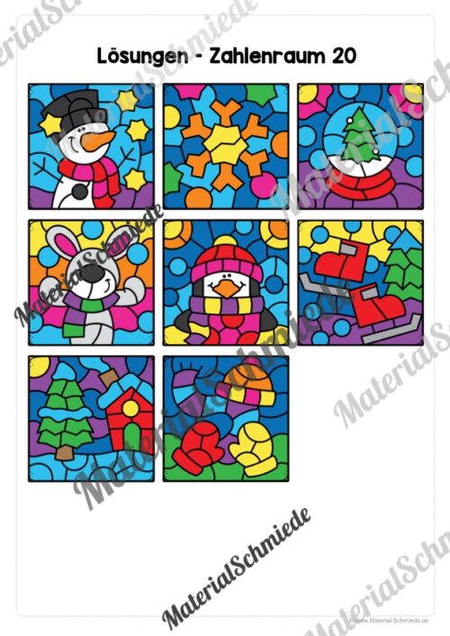 8 Rechenmalblätter Winter: Zahlenraum 20 (Arbeitsblatt 09)