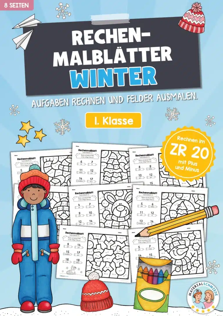 8 Rechenmalblätter Winter: Zahlenraum 20