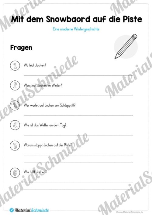 4 Wintergeschichten mit Aufgaben (Mit dem Snowboard auf die Piste - Fragen)