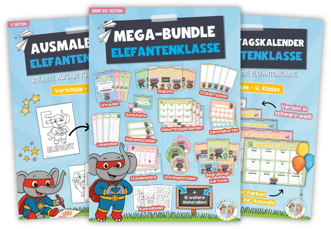Unterrichtsmaterial Elefantenklasse - Arbeitsblätter, Übungen, Schilder uvm. (1. - 4. Klasse)