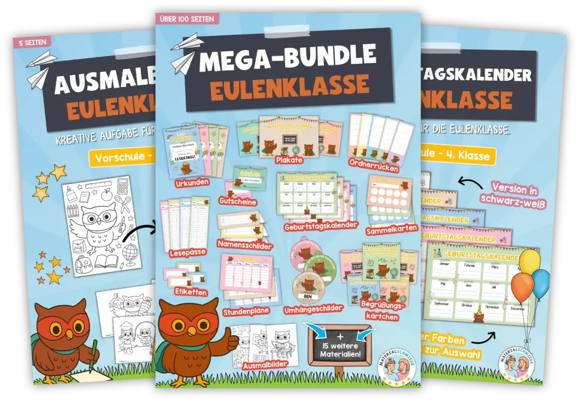 Unterrichtsmaterial Eulenklasse - Arbeitsblätter, Übungen, Schilder uvm. (1. - 4. Klasse)