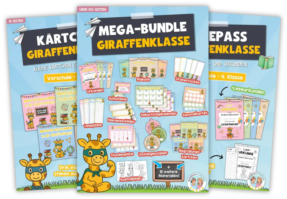 Unterrichtsmaterial Giraffenklasse - Arbeitsblätter, Übungen, Schilder uvm. (1. - 4. Klasse)