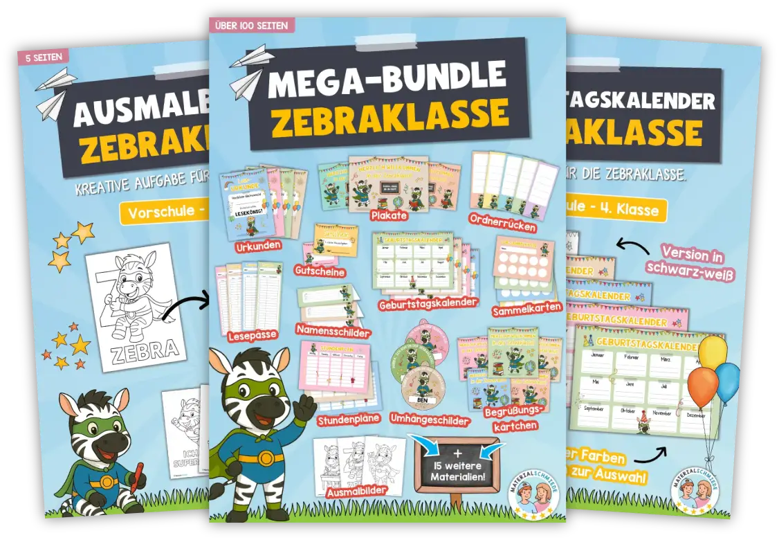 Unterrichtsmaterial Zebraklasse - Arbeitsblätter, Übungen, Schilder uvm. (1. - 4. Klasse)