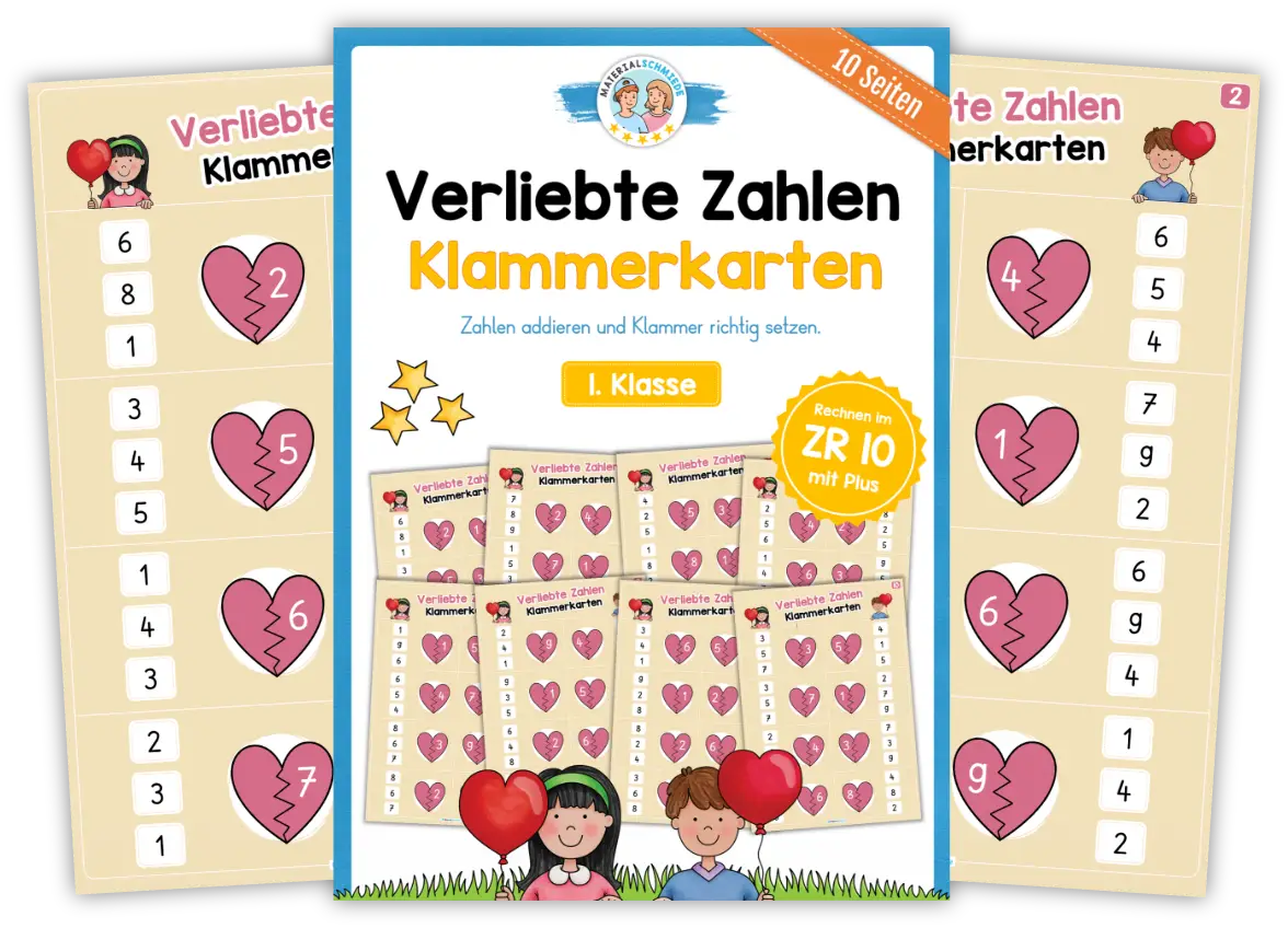 Unterrichtsmaterial Verliebte Zahlen - Arbeitsblätter und Übungen (Mathe 1. Klasse)