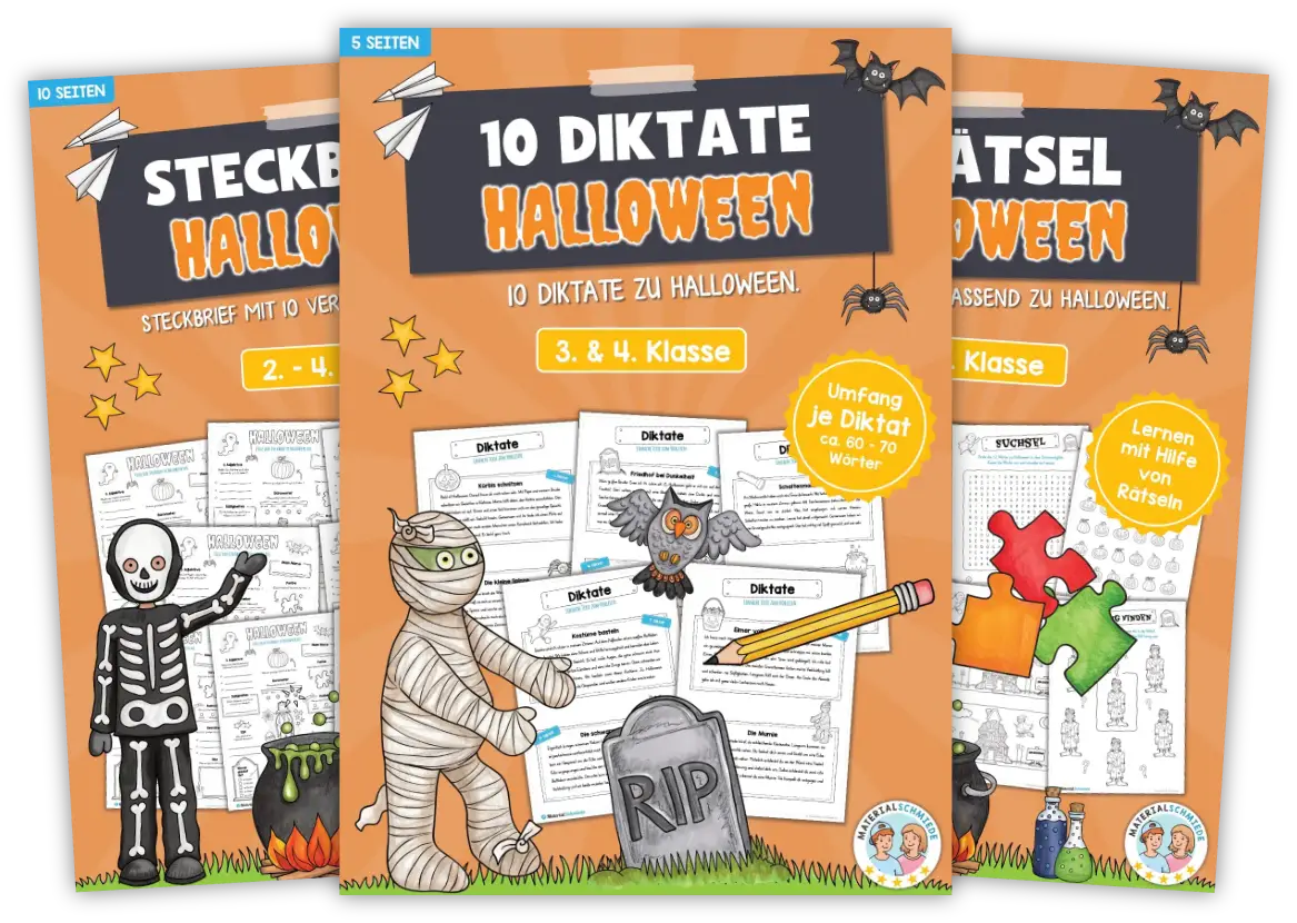 Unterrichtsmaterial Halloween - Arbeitsblätter, Übungen, Geschenkvorlagen (Vorschule & 1. - 4. Klasse)