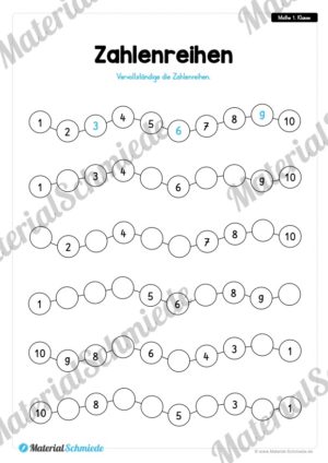 20 Mathe Übungen 1. Klasse (Zahlenreihen)