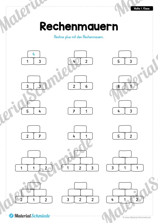 20 Mathe Übungen 1. Klasse (Rechenmauern)