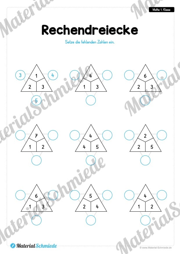 20 Mathe Übungen 1. Klasse (Rechendreiecke)