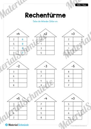 20 Mathe Übungen 1. Klasse (Rechentürme)
