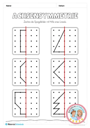 Kostenloses Arbeitsblatt: Spiegelbilder Achsensymmetrie zeichnen (2. & 3. Klasse)