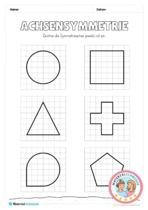 Kostenloses Arbeitsblatt: Symmetrieachse einzeichnen (2. & 3. Klasse)