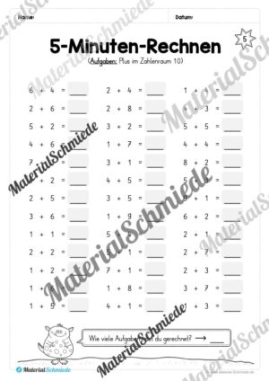 5-Minuten-Rechnen: Addition & Subtraktion im Zahlenraum 10 (Vorschau 06)