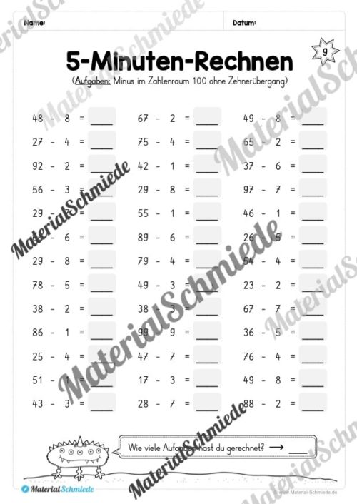 5-Minuten-Rechnen: Addition & Subtraktion im Zahlenraum 100 - Mix-Aufgaben (Vorschau 06)