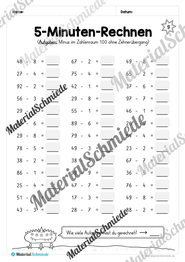 5-Minuten-Rechnen: Addition & Subtraktion im Zahlenraum 100 – Mix-Aufgaben (Vorschau 06)