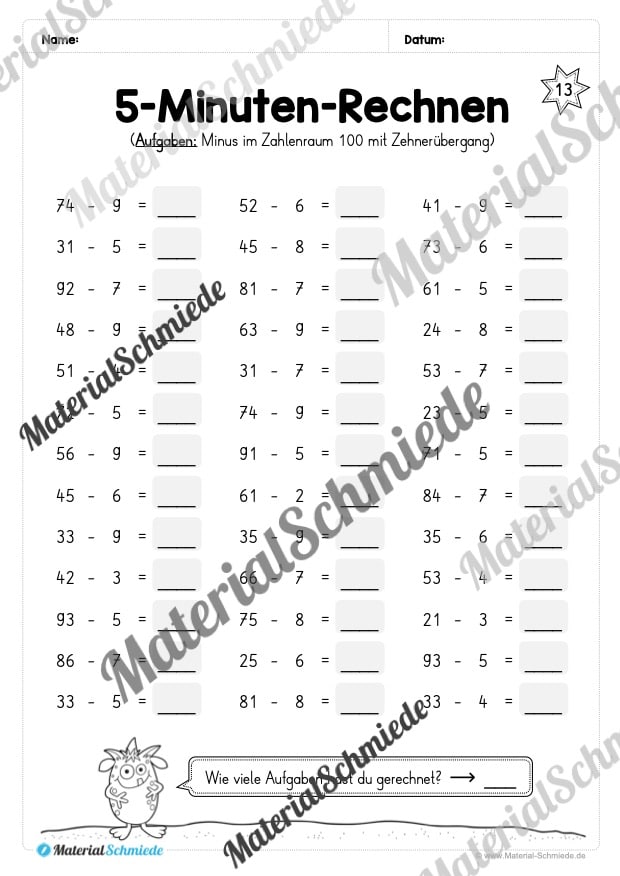 5-Minuten-Rechnen: Addition & Subtraktion im Zahlenraum 100 – Mix-Aufgaben (Vorschau 08)