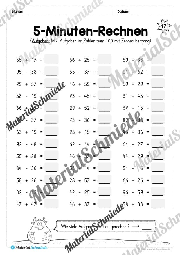 5-Minuten-Rechnen: Addition & Subtraktion im Zahlenraum 100 – Mix-Aufgaben (Vorschau 10)