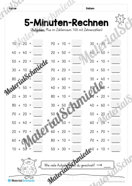 5-Minuten-Rechnen: Addition & Subtraktion im Zahlenraum 100 - Glatte Zehner (Vorschau 02)
