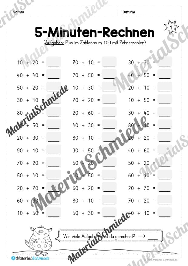 5-Minuten-Rechnen: Addition & Subtraktion im Zahlenraum 100 – Glatte Zehner (Vorschau 02)